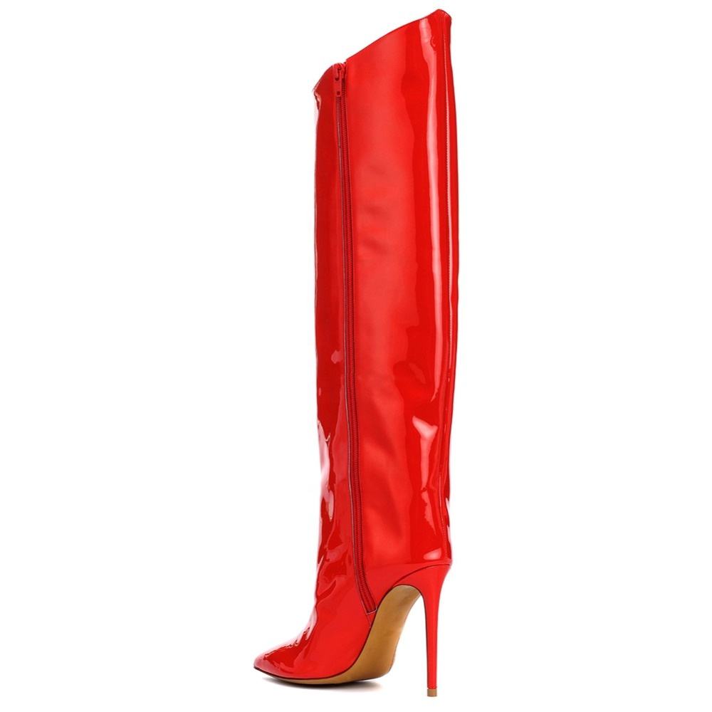 Women High Heel Slouch Long Boots Patent Leather Pointed Toe Knee High Boots