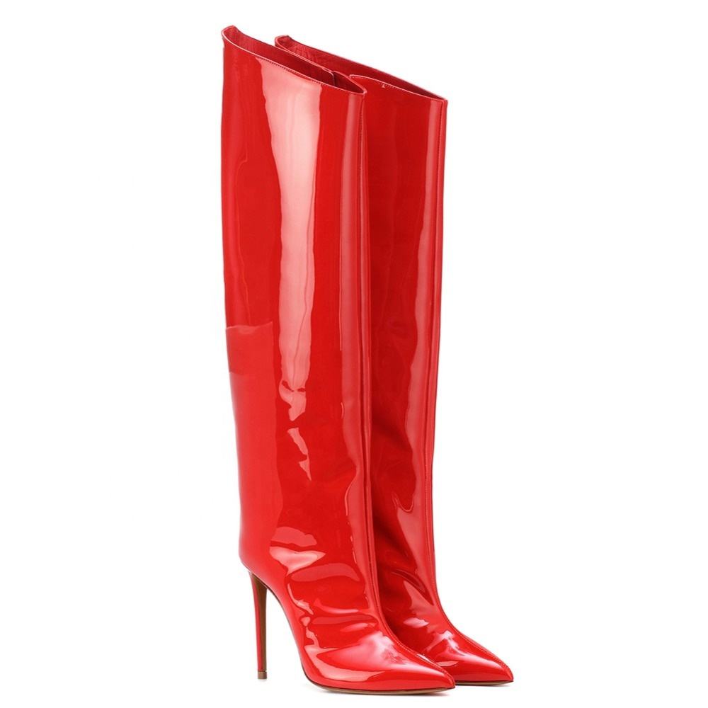 Women High Heel Slouch Long Boots Patent Leather Pointed Toe Knee High Boots