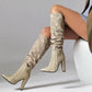 Women's Apricot Fabric Pointed Toe Chunky Heel Knee-High Boots