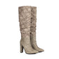 Women's Apricot Fabric Pointed Toe Chunky Heel Knee-High Boots