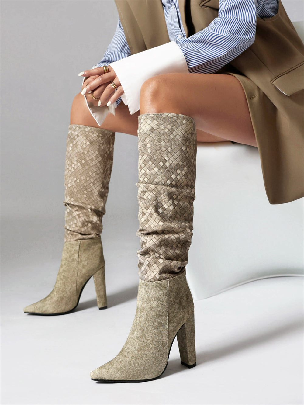 Women's Apricot Fabric Pointed Toe Chunky Heel Knee-High Boots