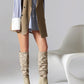 Women's Apricot Fabric Pointed Toe Chunky Heel Knee-High Boots