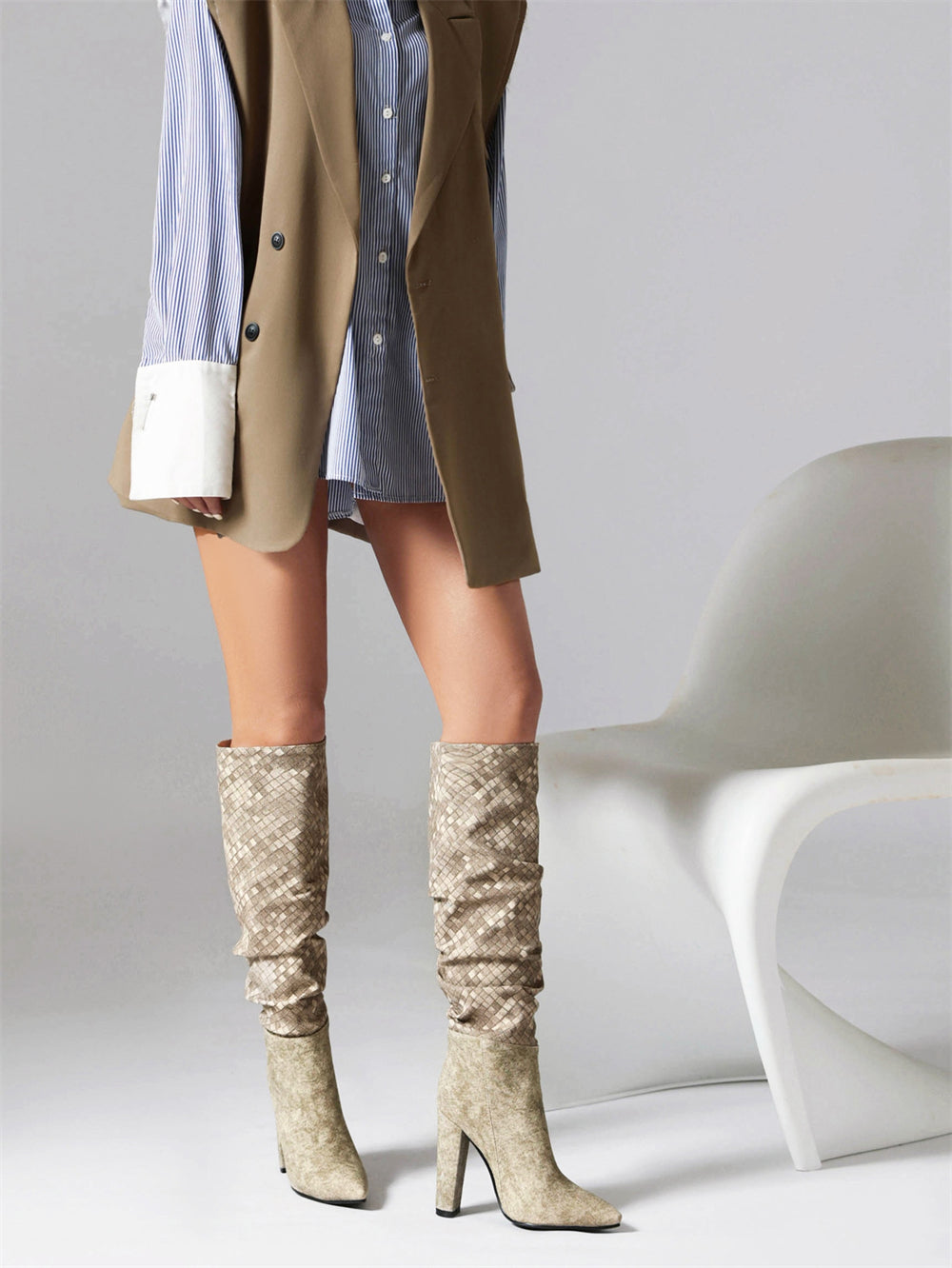 Women's Apricot Fabric Pointed Toe Chunky Heel Knee-High Boots