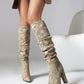 Women's Apricot Fabric Pointed Toe Chunky Heel Knee-High Boots