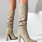 Women's Apricot Fabric Pointed Toe Chunky Heel Knee-High Boots