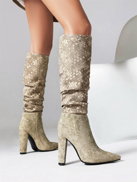 Women's Apricot Fabric Pointed Toe Chunky Heel Knee-High Boots