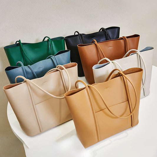 Women's Apricot Soft Leather Pocket Tote Bag