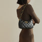 Women's Black Leather Quilted Chain Shoulder Zipper Bag