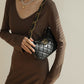 Women's Black Leather Quilted Chain Shoulder Zipper Bag