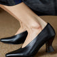 Women's Black Leather Square Toe Spool Heel Vintage Pumps Dress Shoes