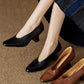 Women's Black Leather Square Toe Spool Heel Vintage Pumps Dress Shoes