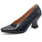 Women's Black Leather Square Toe Spool Heel Vintage Pumps Dress Shoes