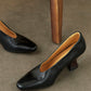 Women's Black Leather Square Toe Spool Heel Vintage Pumps Dress Shoes