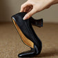 Women's Black Leather Square Toe Spool Heel Vintage Pumps Dress Shoes