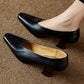 Women's Black Leather Square Toe Spool Heel Vintage Pumps Dress Shoes