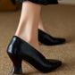 Women's Black Leather Square Toe Spool Heel Vintage Pumps Dress Shoes