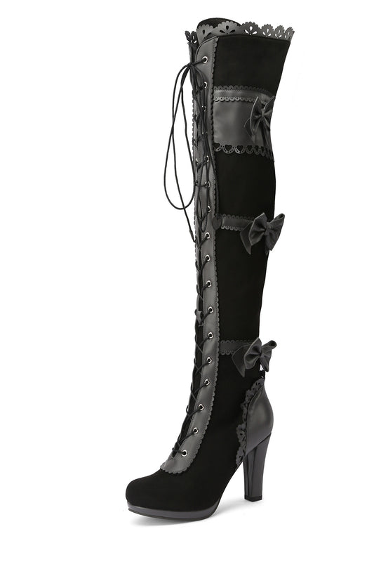 <tc>Women's Black Suede Bow Lace up Vintage Over the Knee Boots</tc>