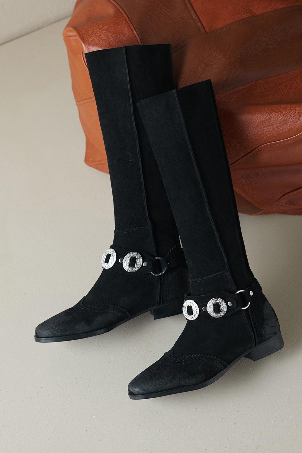 Women's Black Suede Buckles Flat Western Boots Knee-high Riding Boots