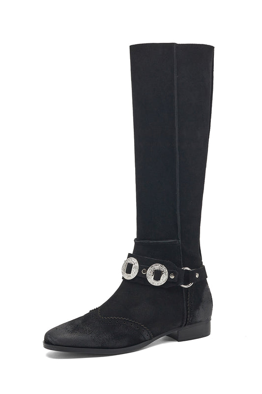 <tc>Women's Black Suede Buckles Flat Western Boots Knee-high Riding Boots</tc>