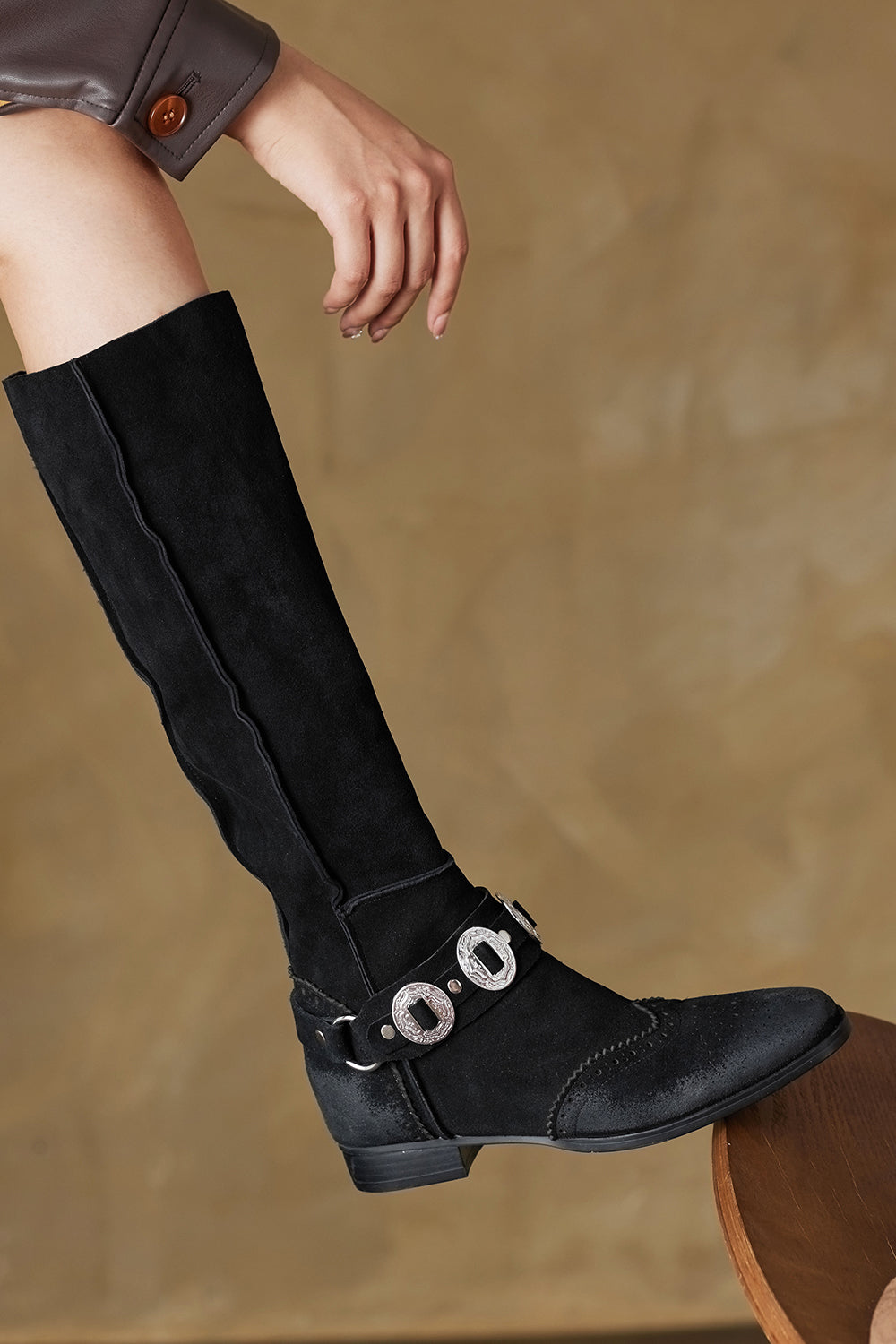 Women's Black Suede Buckles Flat Western Boots Knee-high Riding Boots