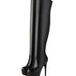 Women's Black Vegan Leather Stiletto Heel Almond Toe Over the Knee Boots