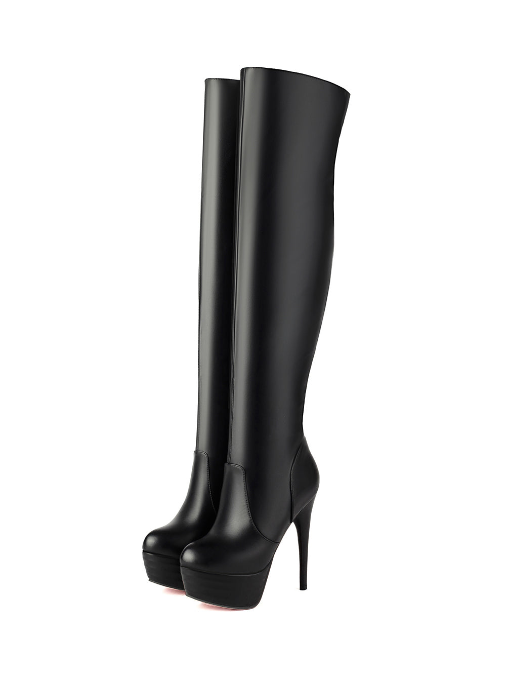 Women's Black Vegan Leather Stiletto Heel Almond Toe Over the Knee Boots