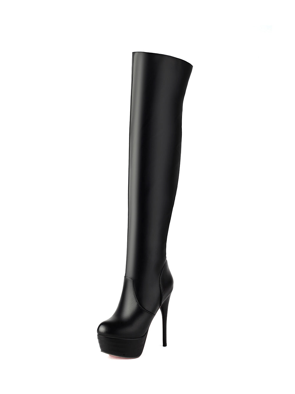 Women's Black Vegan Leather Stiletto Heel Almond Toe Over the Knee Boots