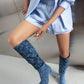 Women's Blue Fabric Pointed Toe Chunky Heel Knee-High Boots