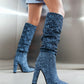 Women's Blue Fabric Pointed Toe Chunky Heel Knee-High Boots