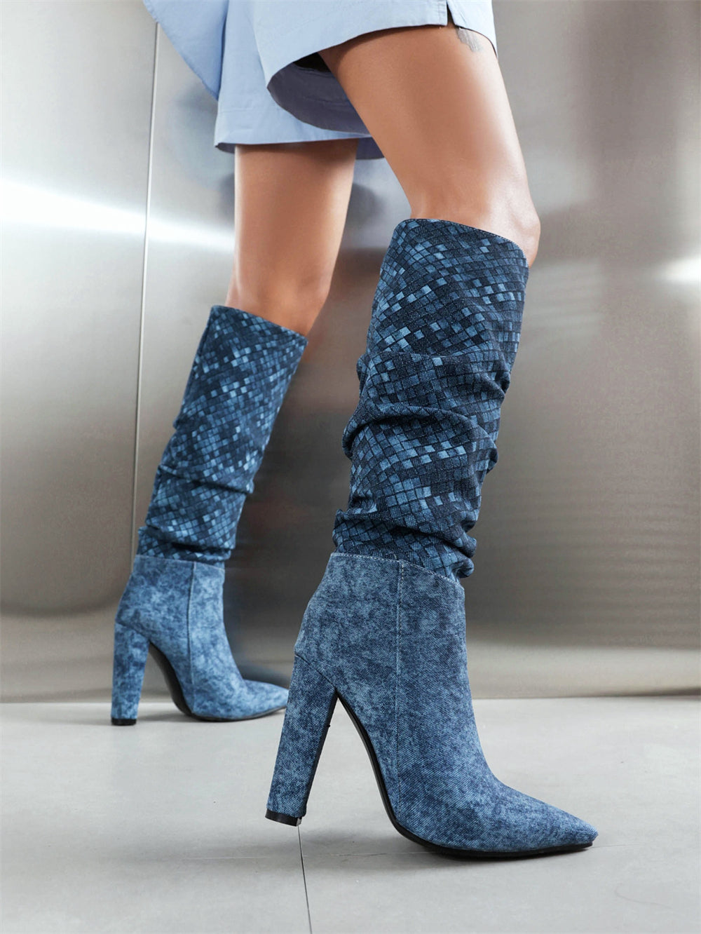 Women's Blue Fabric Pointed Toe Chunky Heel Knee-High Boots