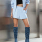 Women's Blue Fabric Pointed Toe Chunky Heel Knee-High Boots