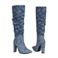 Women's Blue Fabric Pointed Toe Chunky Heel Knee-High Boots