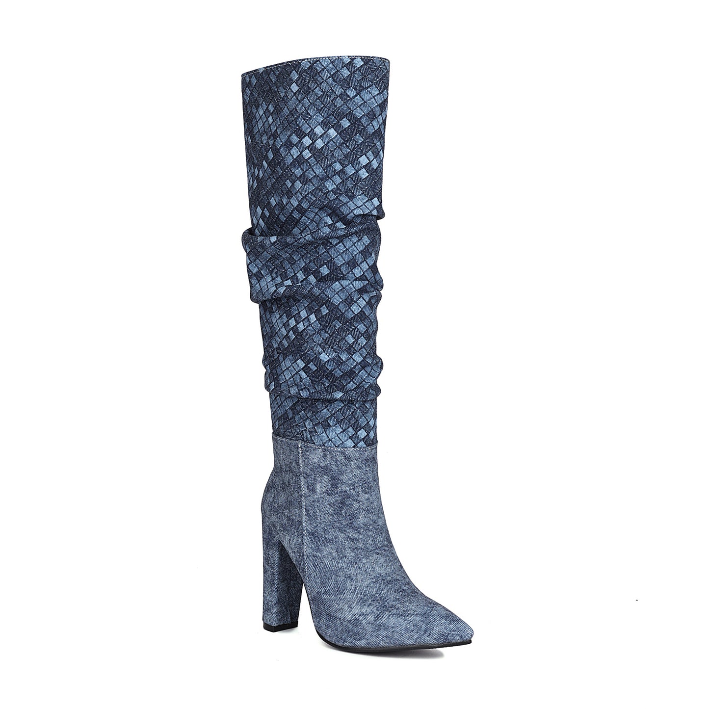 Women's Blue Fabric Pointed Toe Chunky Heel Knee-High Boots