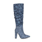 Women's Blue Fabric Pointed Toe Chunky Heel Knee-High Boots