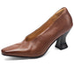 Women's Brown Leather Square Toe Spool Heel Vintage Pumps Dress Shoes