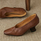 Women's Brown Leather Square Toe Spool Heel Vintage Pumps Dress Shoes