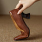 Women's Brown Leather Square Toe Spool Heel Vintage Pumps Dress Shoes