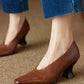 Women's Brown Leather Square Toe Spool Heel Vintage Pumps Dress Shoes