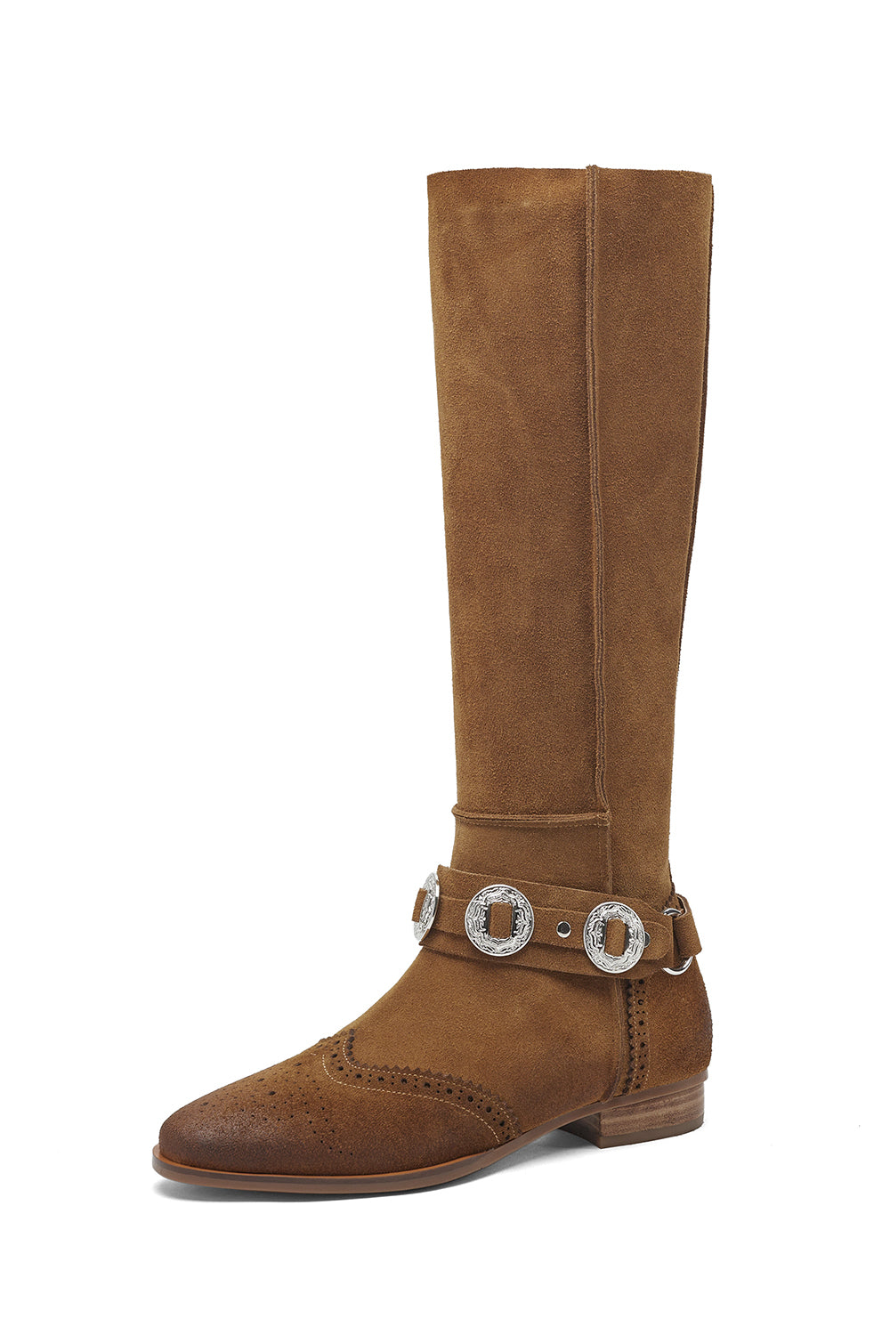 Women's Brown Suede Buckles Flat Western Boots Knee-high Riding Boots