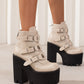 <tc>Women's Beige Buckles Fashion Block Heel Platform Ankle Booties</tc>