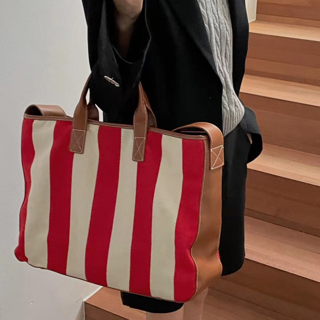 Canvas Striped Large Shopping Bag Tote Handbag