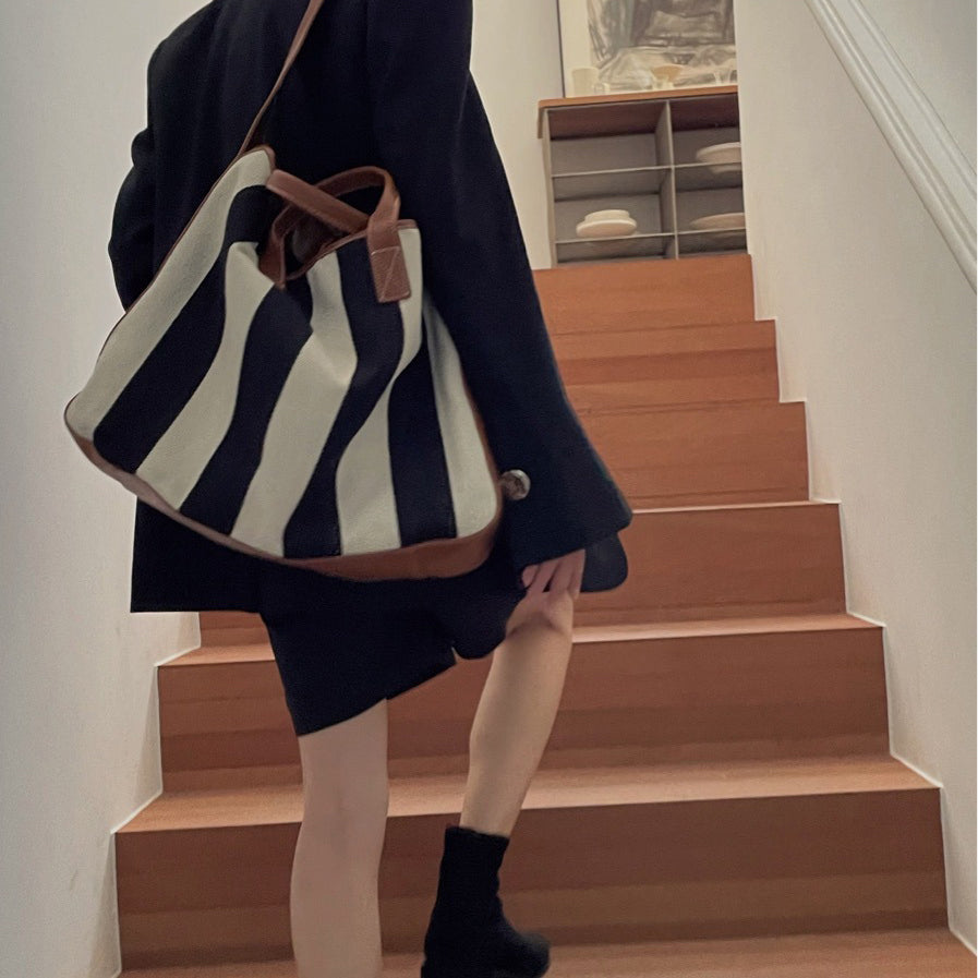 Canvas Striped Large Shopping Bag Tote Handbag