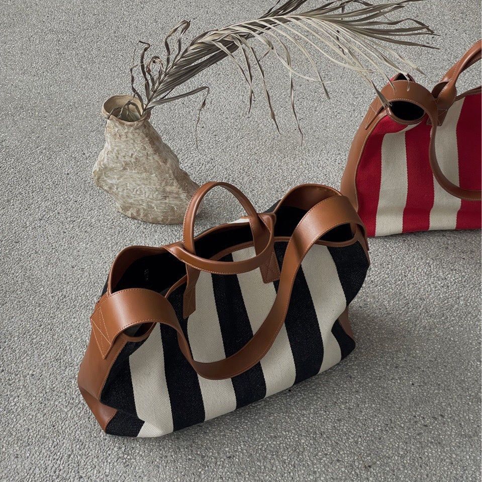 Canvas Striped Large Shopping Bag Tote Handbag