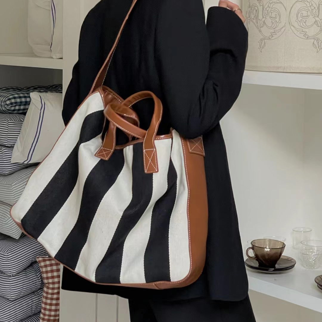 Canvas Striped Large Shopping Bag Tote Handbag