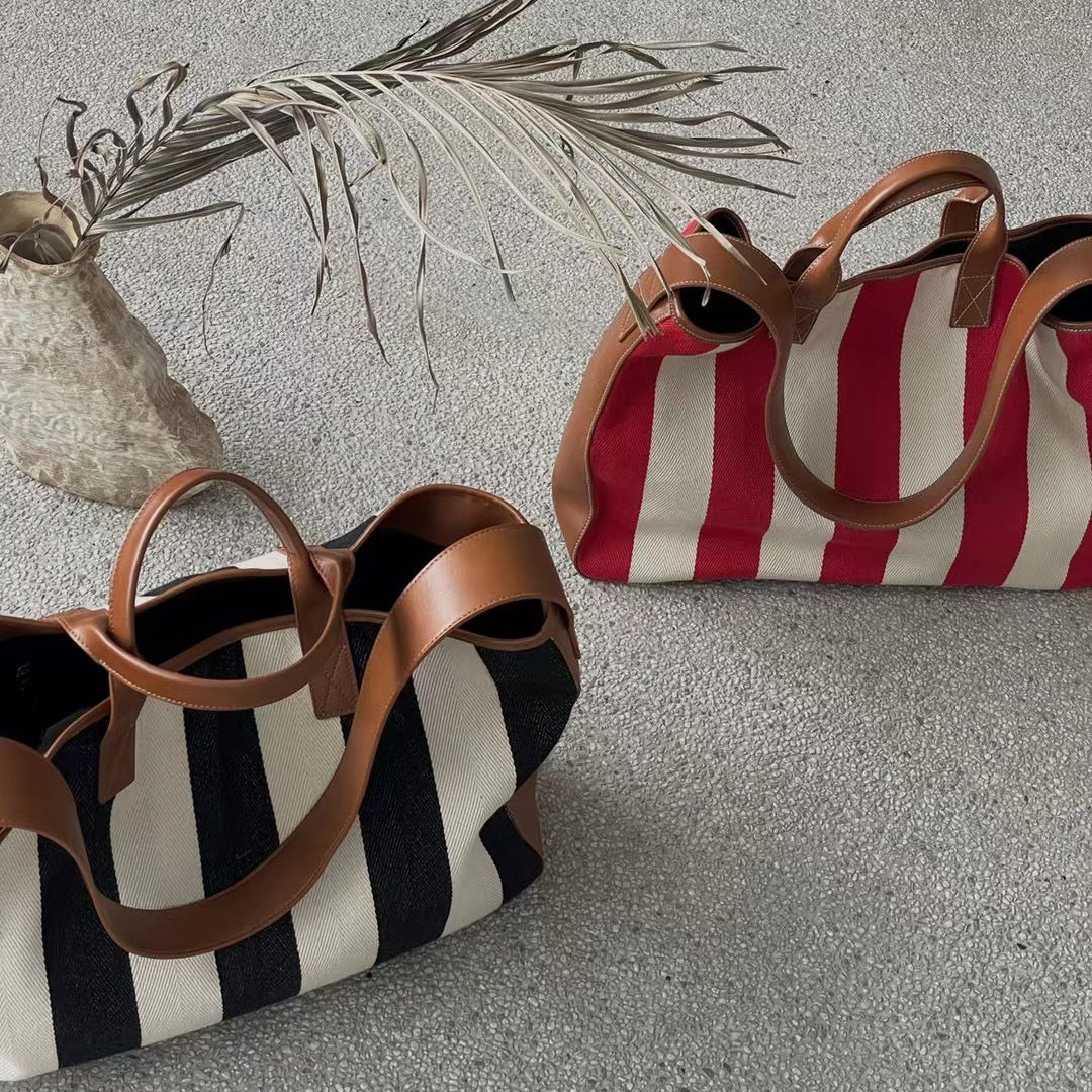 Canvas Striped Large Shopping Bag Tote Handbag