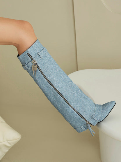 Women's Light Blue Denim Fold-over Pointed Toe Stiletto Heel Knee High Boots