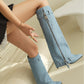 Women's Light Blue Denim Fold-over Pointed Toe Stiletto Heel Knee High Boots