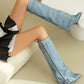 Women's Light Blue Denim Fold-over Pointed Toe Stiletto Heel Knee High Boots