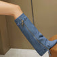 Women's Blue Denim Fold-over Pointed Toe Stiletto Heel Knee High Boots