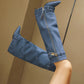 Women's Blue Denim Fold-over Pointed Toe Stiletto Heel Knee High Boots